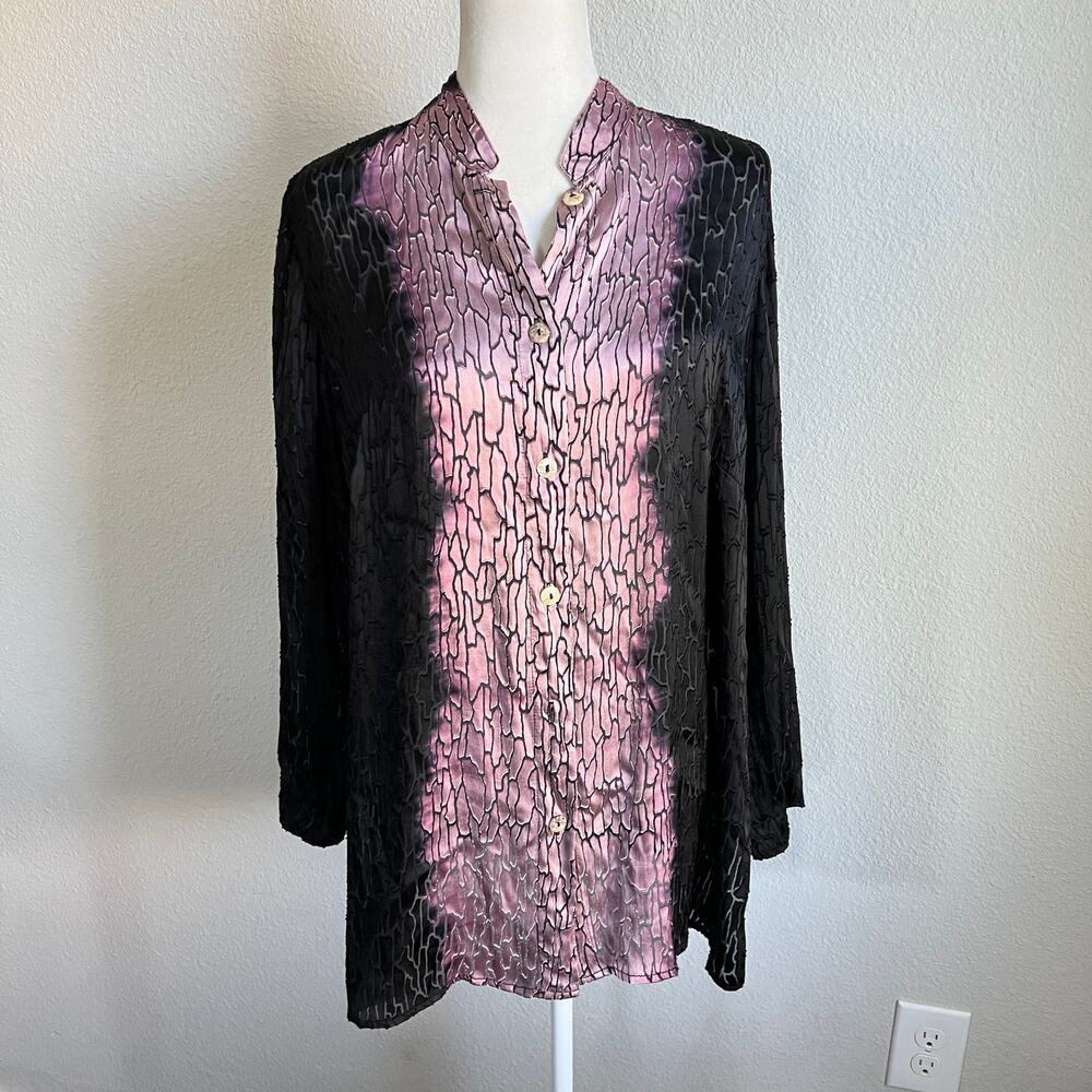 Citron Santa Monica Silk Artsy Burnout Blouse Womens L Purple Black Boho Relaxed
